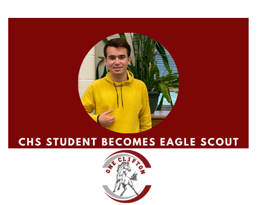 Photo of  Liam Reilly giving thumbs up caption CHS Student Liam Reilly Becomes an Eagle Scout